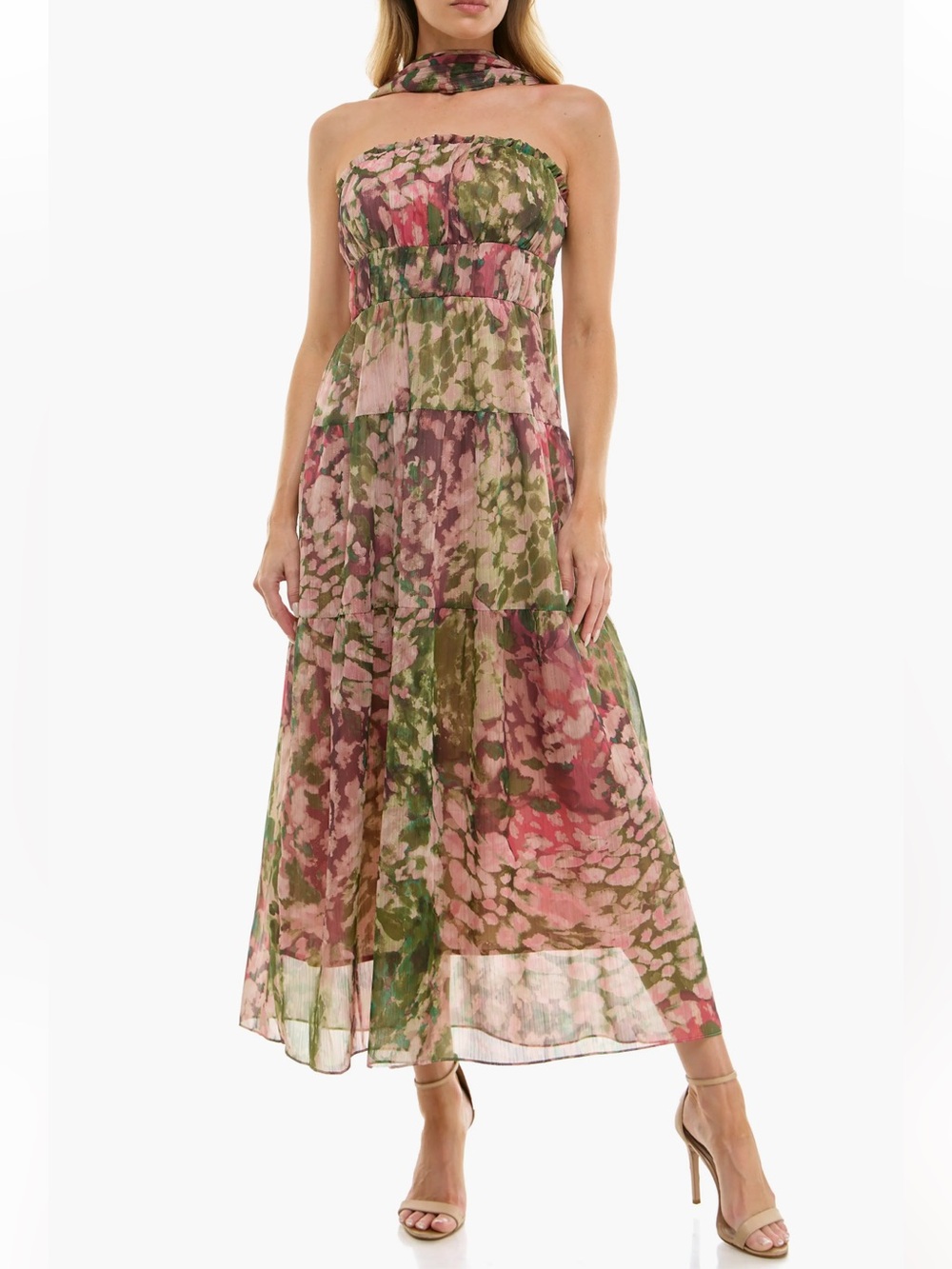 Socialite Floral Strapless Maxi Dress in Pink and Green